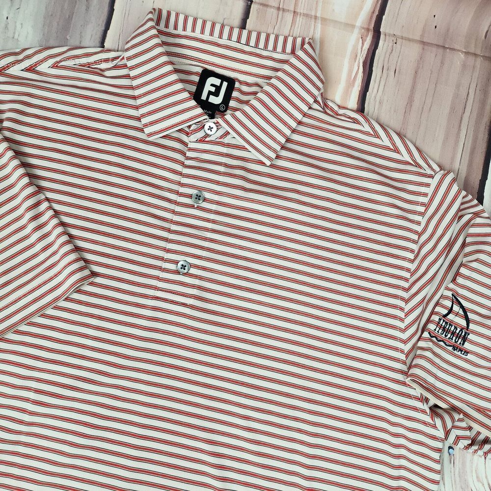 Footjoy Golf Tiburon‎ CC Naples FL Men's LARGE S/S Red White Stripe Stretch Polo